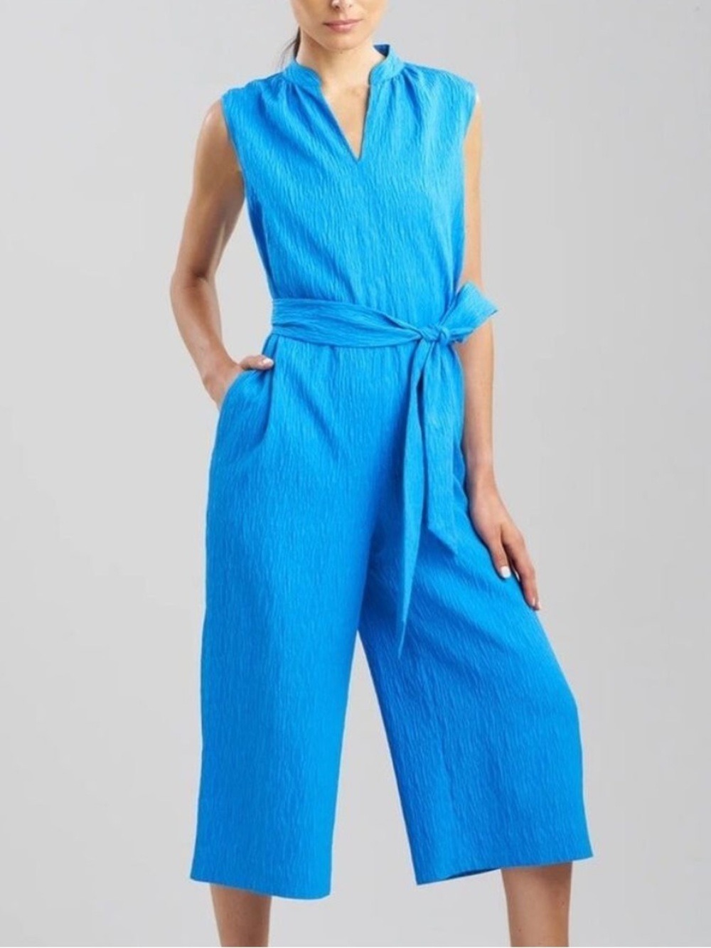 Natori  Textured Jacquard Blue Sleeveless Jumpsuit size Medium